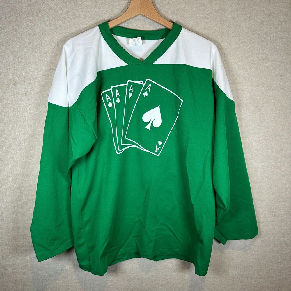 The Aces Athletic Knit Hockey Jersey #9 Men Medium Green Poker Graphic Retro